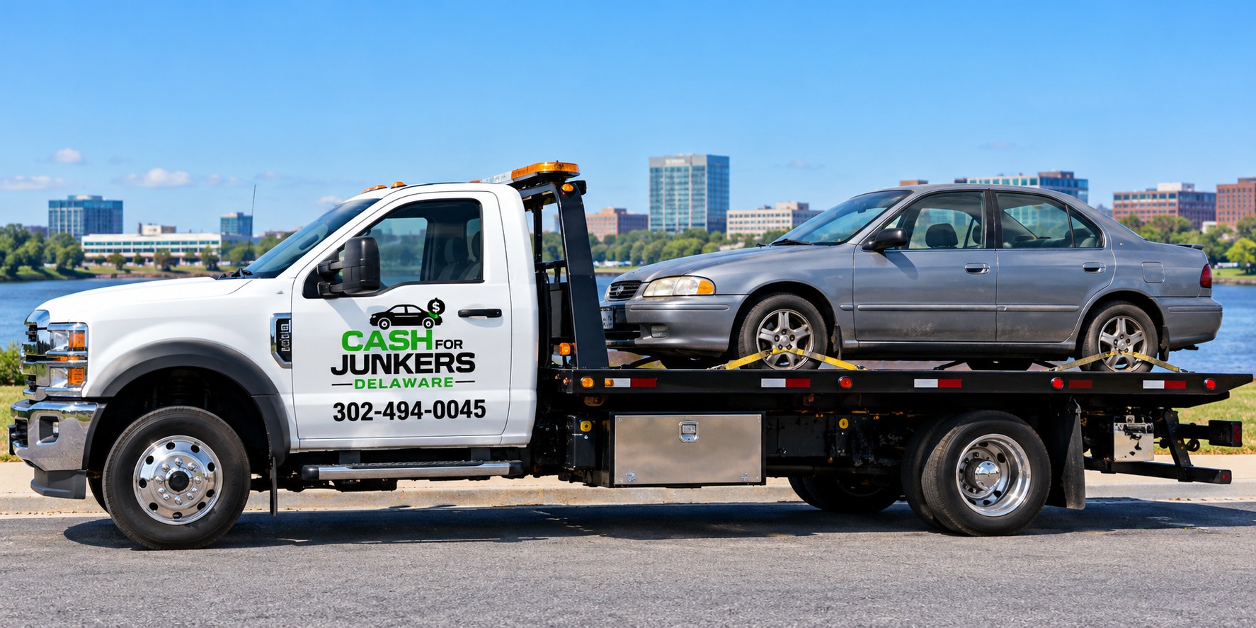 White flatbed tow truck carrying a gray sedan, both facing left